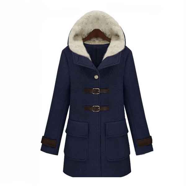 Womens Slim Fit Solid Color Hooded Long Woollen Coat Outwear Navy