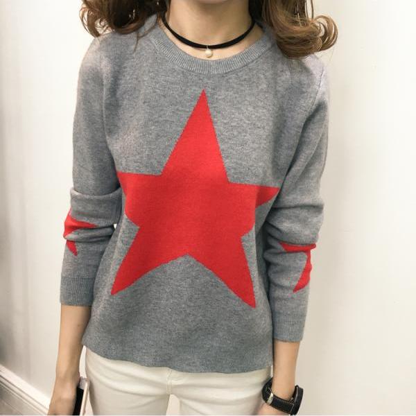 Sweet Long Sleeve Star Pattern Sweater on Luulla