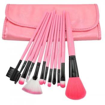 High Quality 12 PCS Professioal Makeup Brush Set with Black Leather Case - Pink