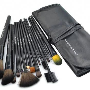 New15 PCS Professioal Makeup Brush Set with Black Leather Case - Black