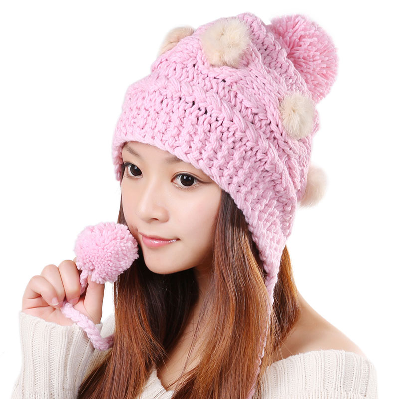 Free Shipping Cute Various Little Ball Knitted Bomber Hat For Girls
